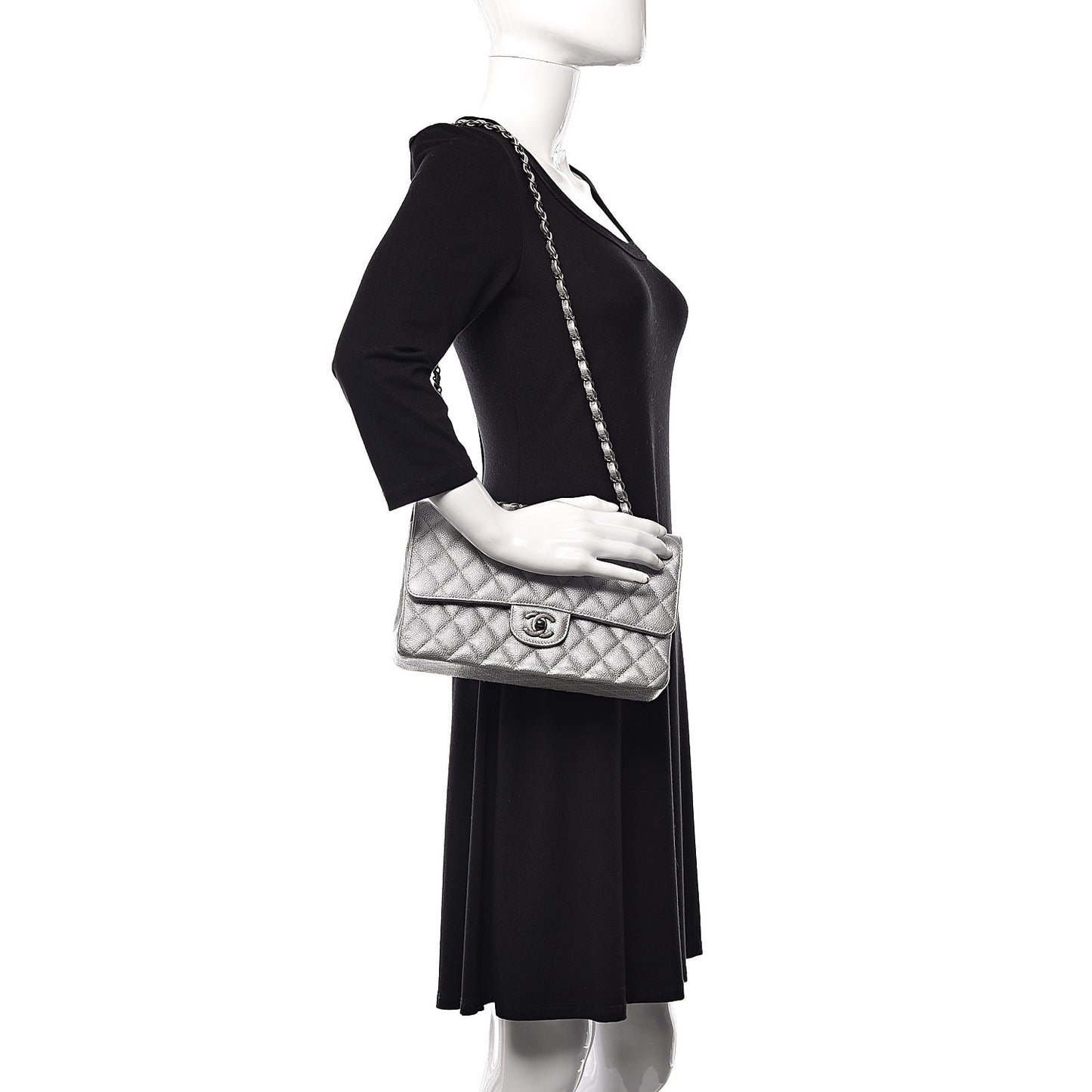 Glittered Metallic Caviar Quilted Medium Double Flap Silver