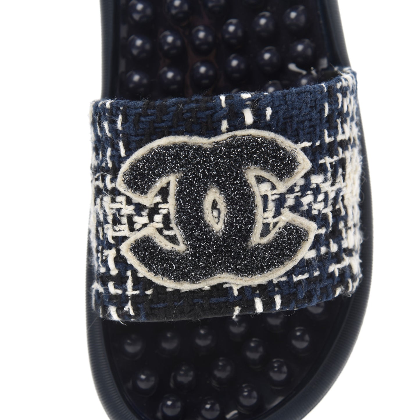 Tweed Rubber CC Flat Mules 36 Navy