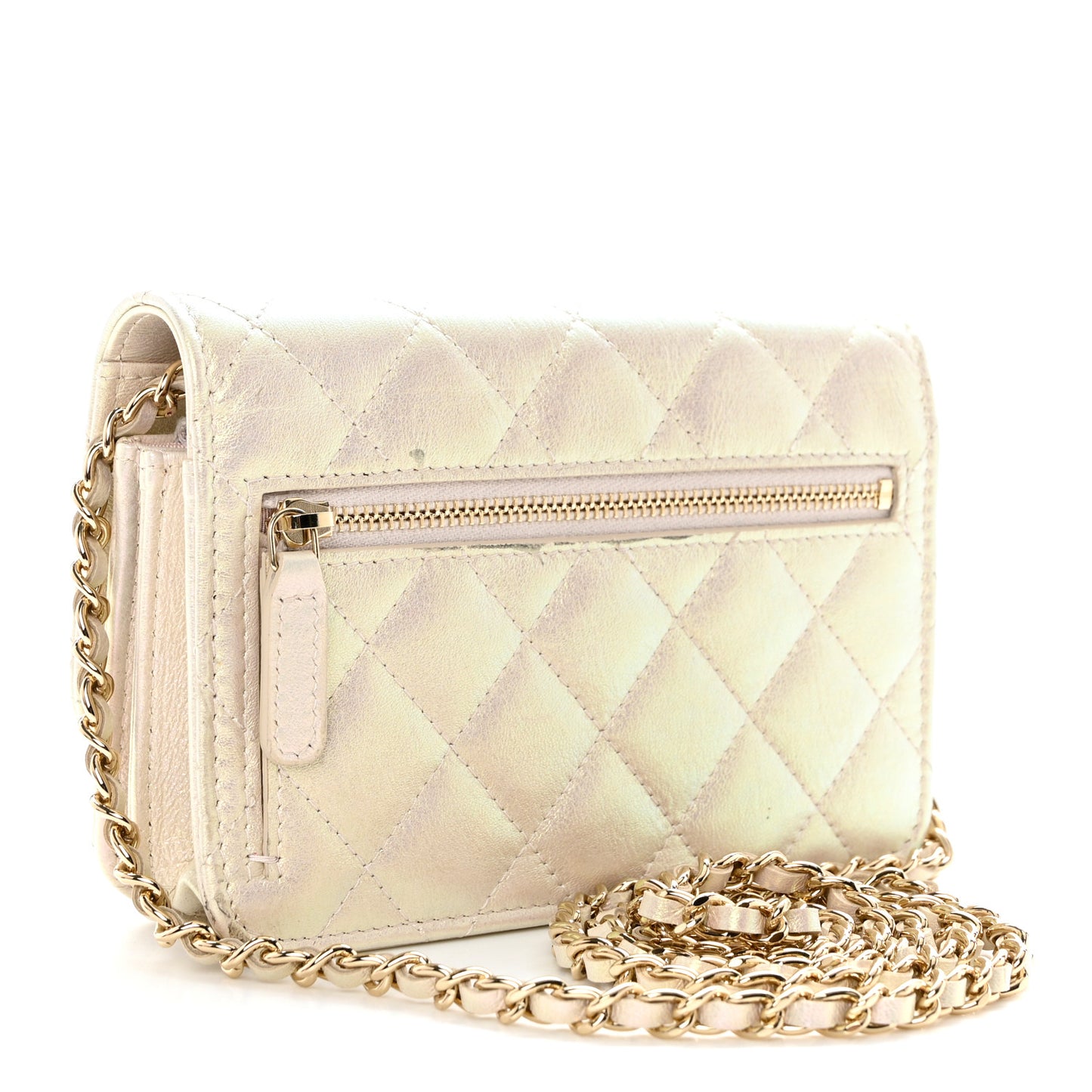Iridescent Lambskin Quilted Mini Wallet On Chain WOC Ivory