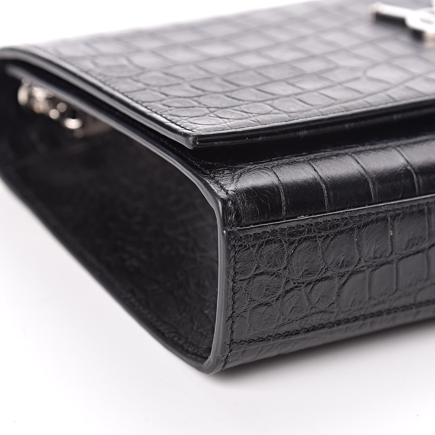Calfskin Crocodile Embossed Medium Classic Monogram Kate Tassel Satchel Black
