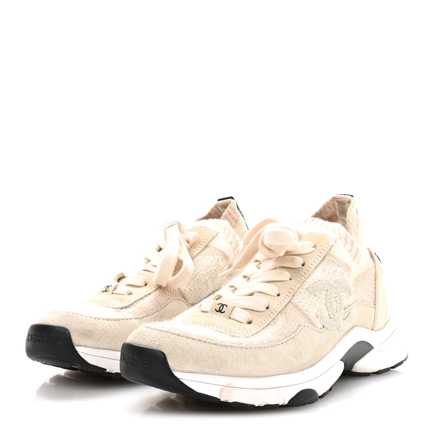 Chanel Knit Fabric Suede Calfskin Womens CC Sneakers 36 Ivory 4 of 8