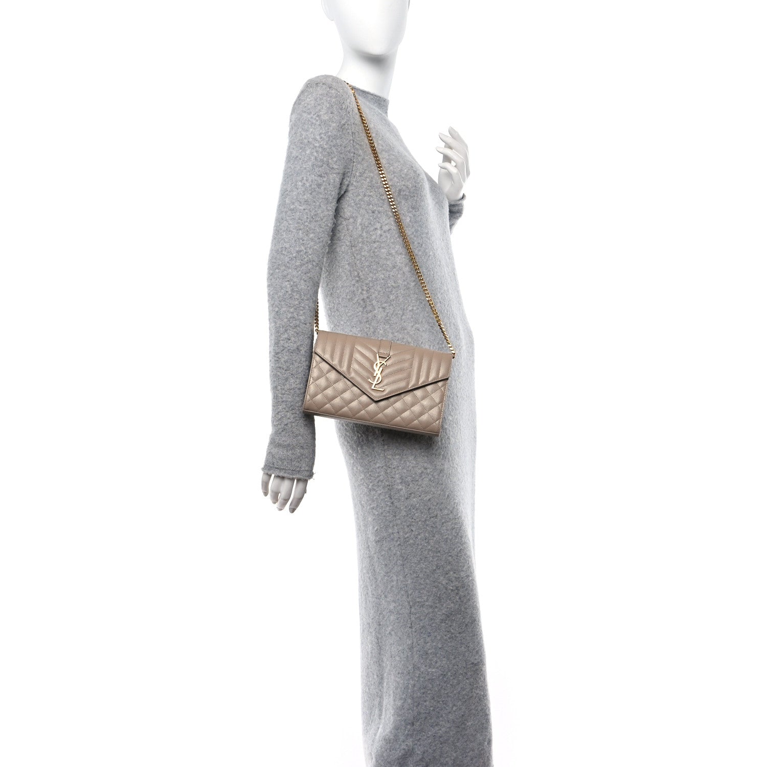 Saint Laurent Grain De Poudre Mixed Matelasse Triquilt Monogram Chain Wallet Dark Beige 2 of 12