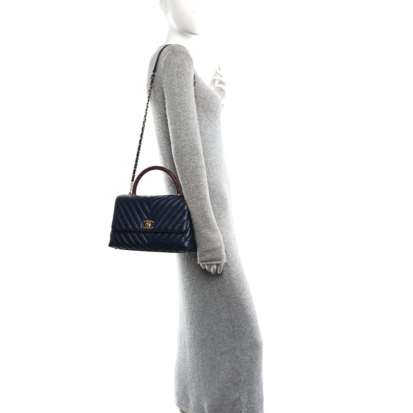 Aged Calfskin Elaphe Chevron Quilted Small Coco Handle Flap Navy