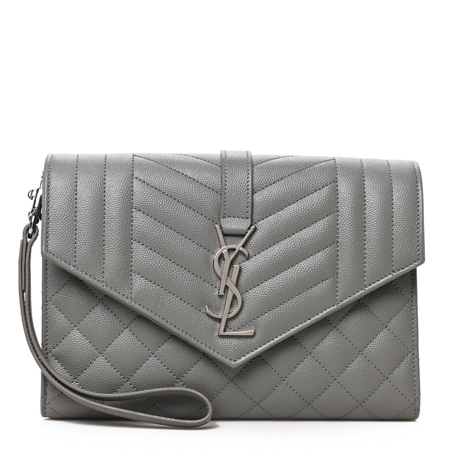 Saint Laurent Grain De Poudre Textured Mixed Matelasse Triquilt Monogram Clutch Storm 1 of 6
