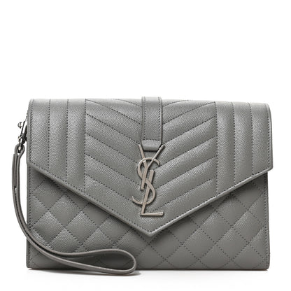 Saint Laurent Grain De Poudre Textured Mixed Matelasse Triquilt Monogram Clutch Storm 1 of 6