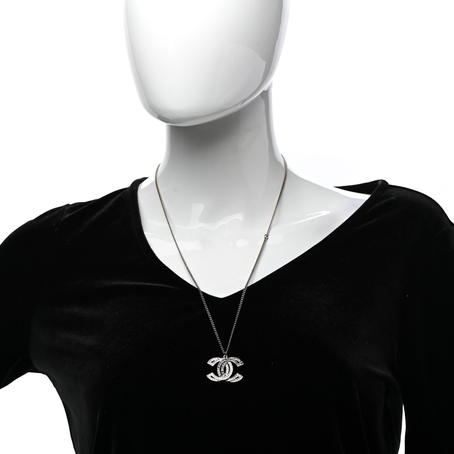 Chanel Metal Crystal Baguette CC Pendant Necklace Gold 2 of 6
