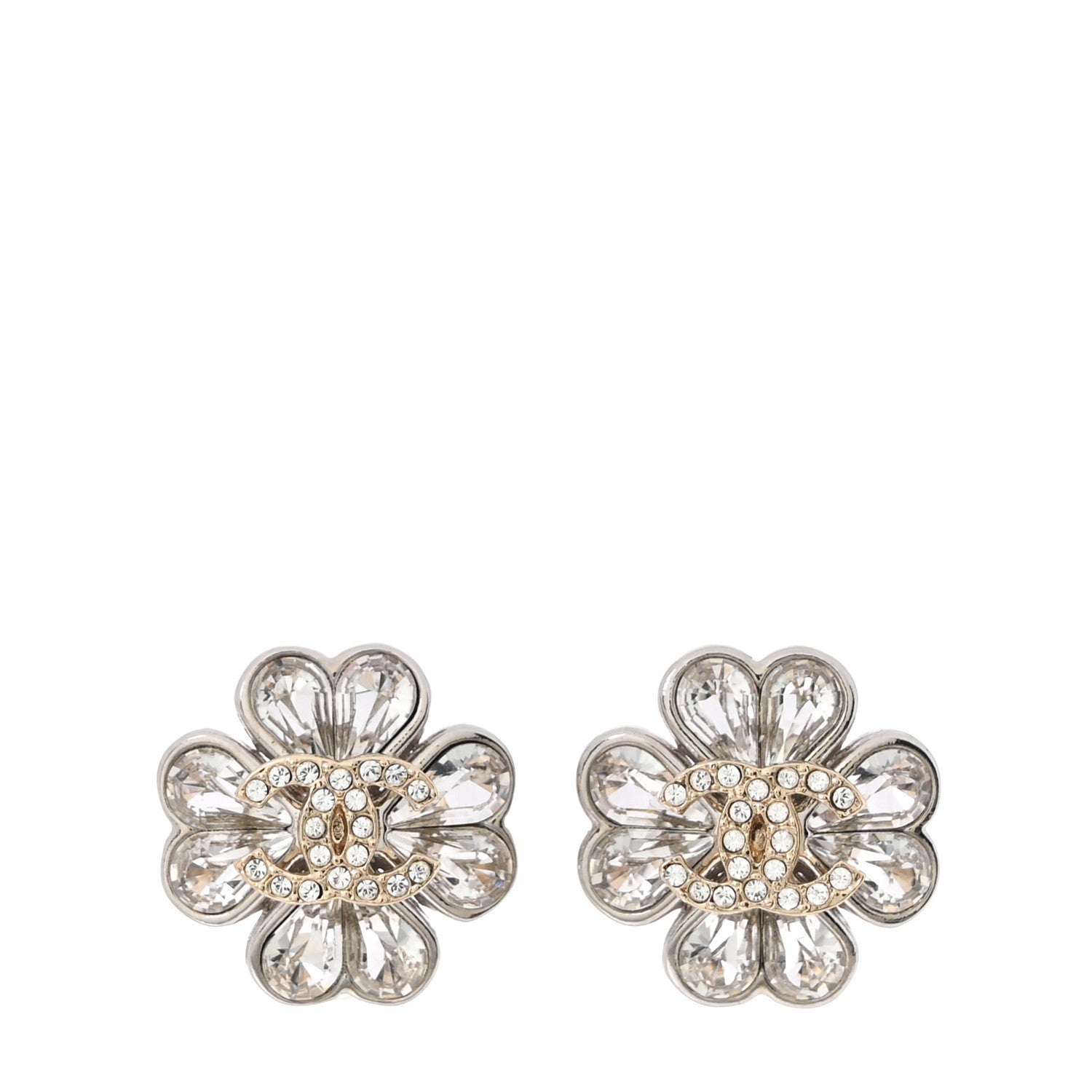 Chanel Metal Crystal CC Clover Heart Earrings Silver Gold 1 of 5