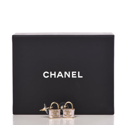 Chanel Resin Strass Silver Lock Earrings Golden Iridescent Lilac 5 of 5