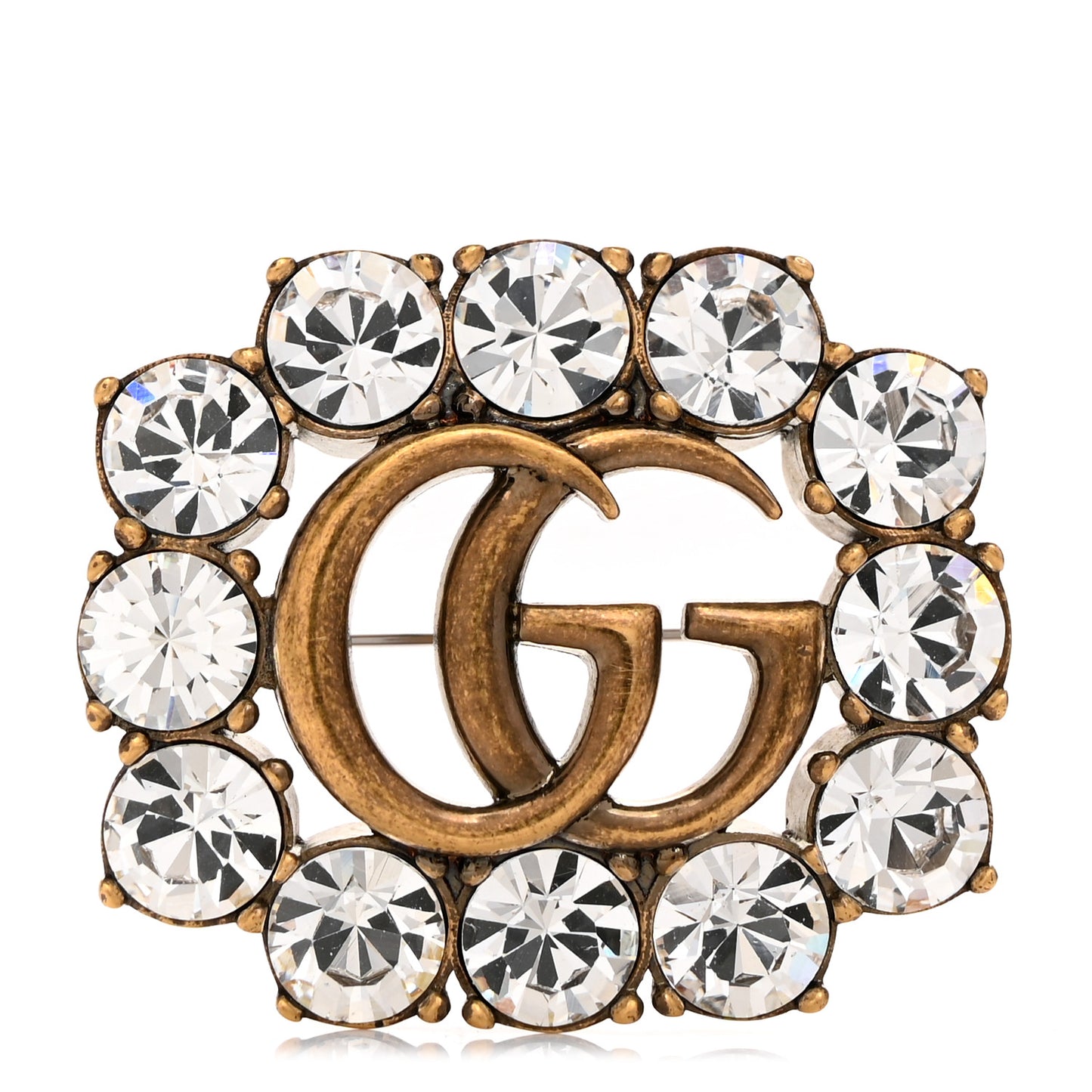 Metal Crystal Double G Brooch Aged Gold