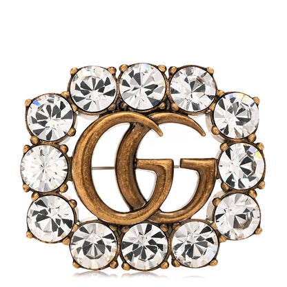 Gucci Metal Crystal Double G Brooch Aged Gold 1 of 5
