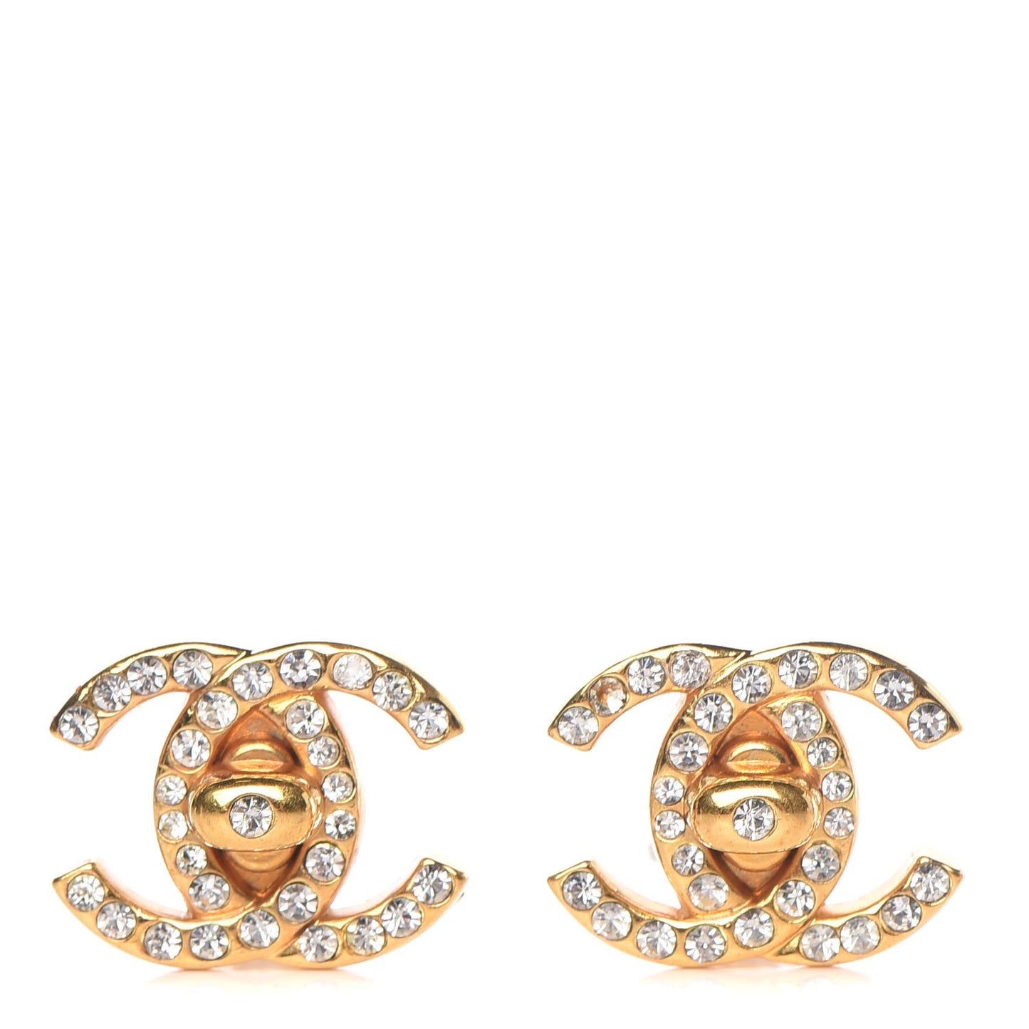 Crystal CC Turnlock Clip On Earrings Gold
