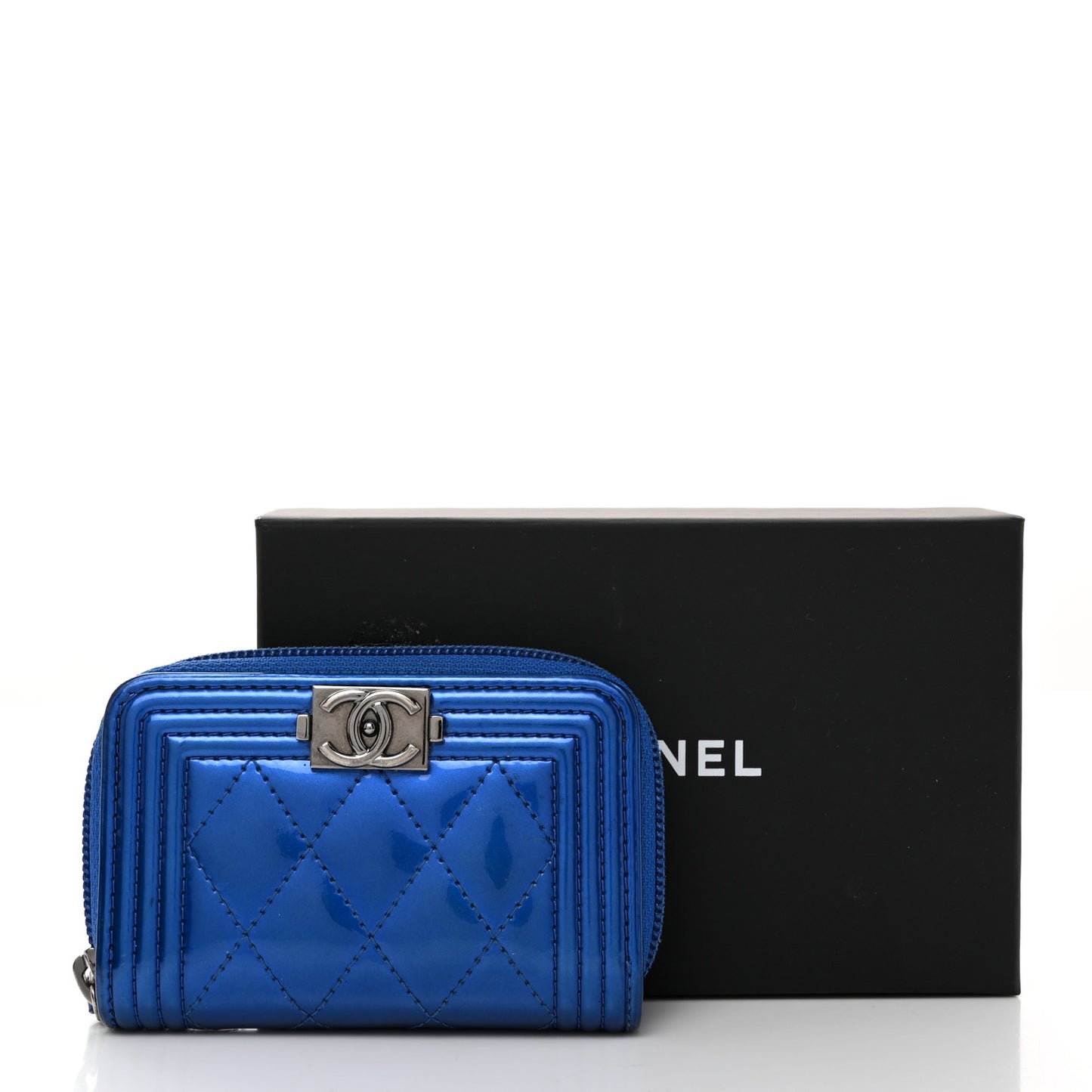 Metallic Patent Quilted Zip Around Boy Coin Purse Wallet Blue