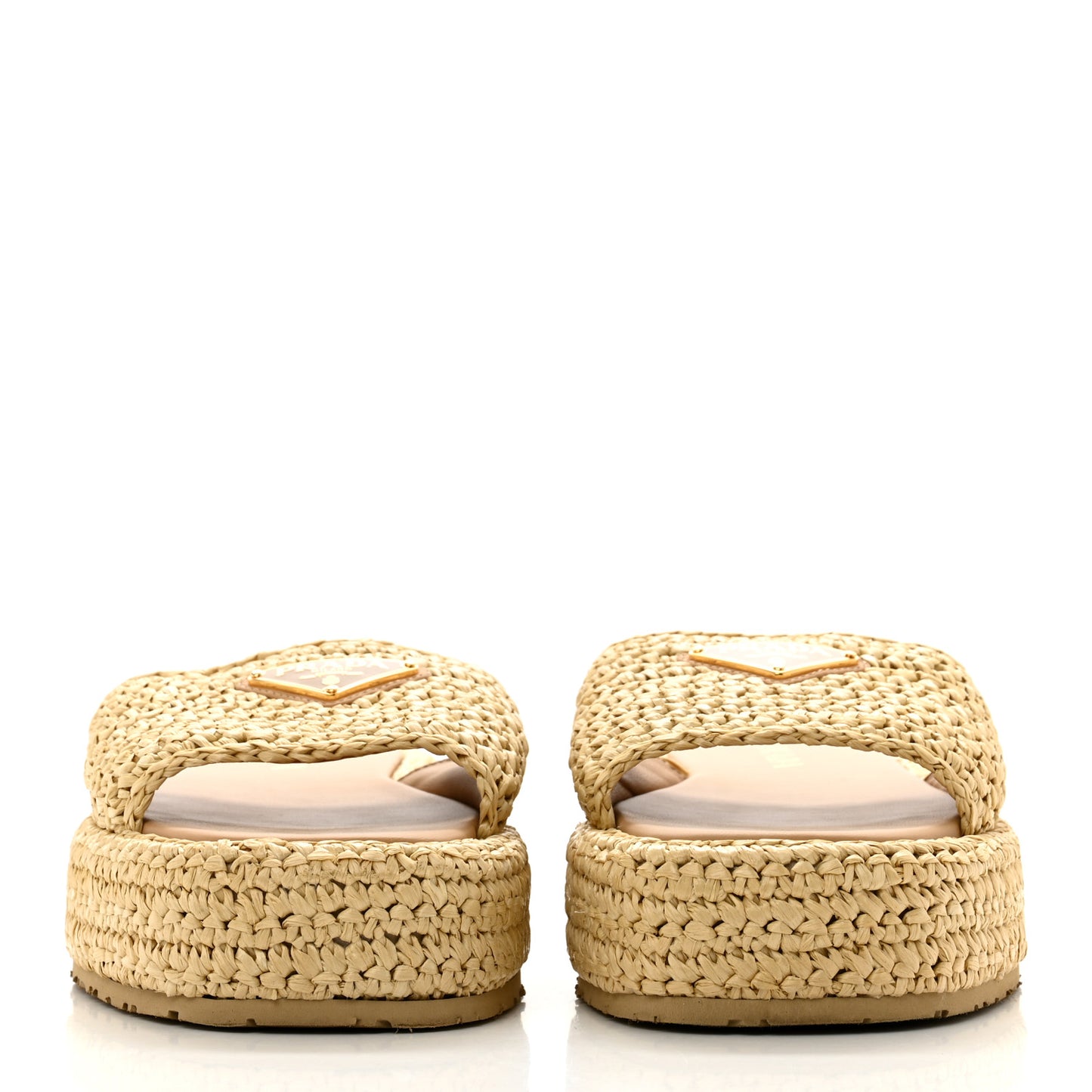 Raffia Metal Triangle Logo Woven Flatform 35mm Slide Sandals 39 Naturale