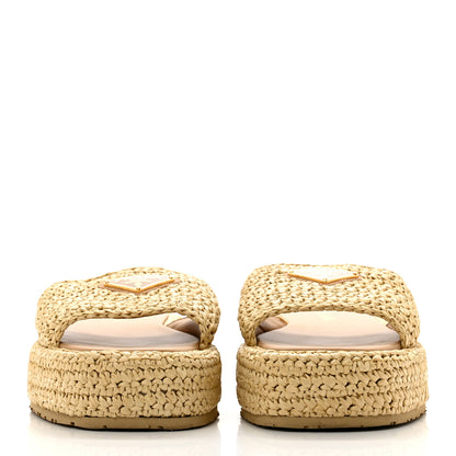 Prada Raffia Metal Triangle Logo Woven Flatform 35mm Slide Sandals 39 Naturale 2 of 10