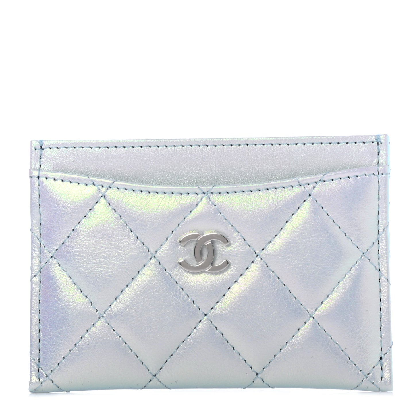 Iridescent Calfskin Quilted Card Holder Light Blue
