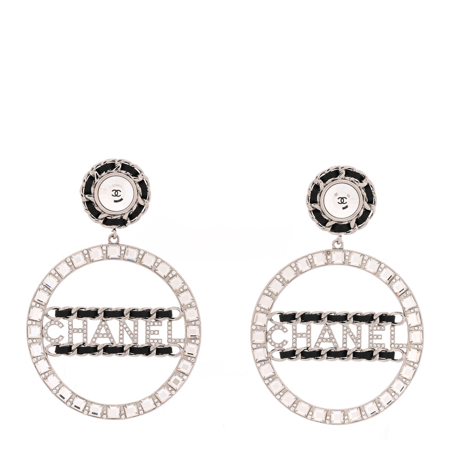Crystal Lambskin Chain CC Hoop Clip On Earrings Black Silver