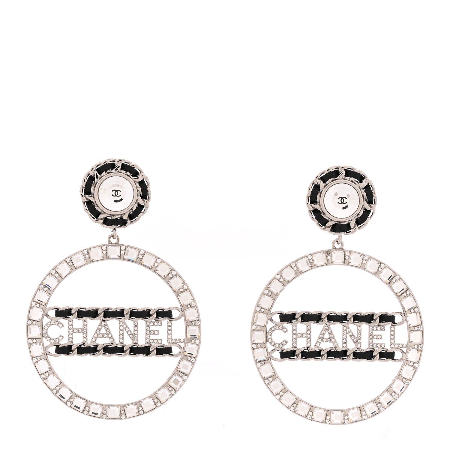 Chanel Crystal Lambskin Chain CC Hoop Clip On Earrings Black Silver 1 of 4