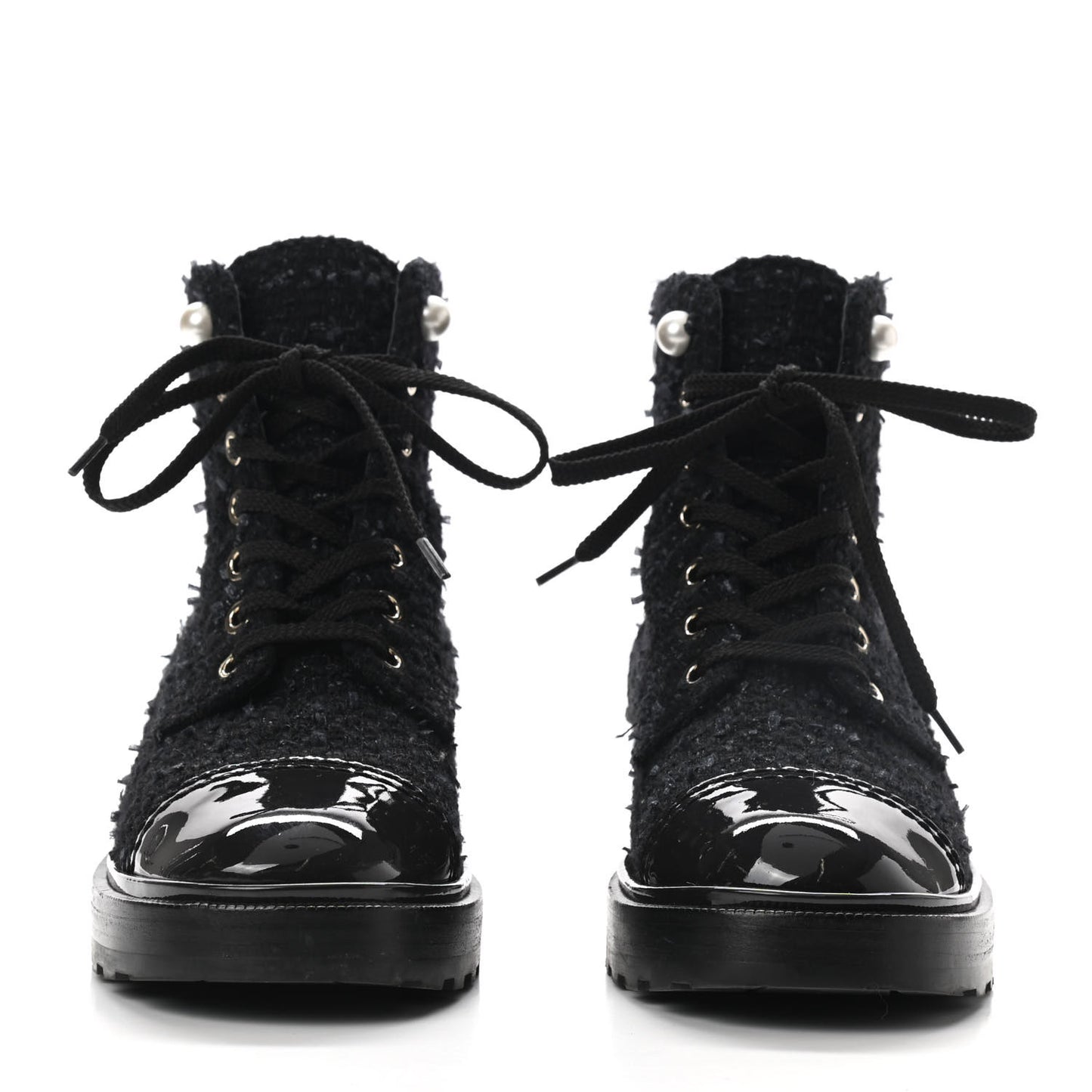 Tweed Patent Calfskin Pearl Combat Short Boots 36.5 Black Grey