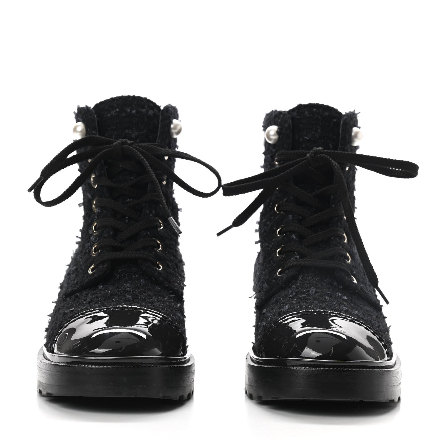 Chanel Tweed Patent Calfskin Pearl Combat Short Boots 36.5 Black Grey 2 of 8