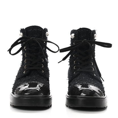 Chanel Tweed Patent Calfskin Pearl Combat Short Boots 36.5 Black Grey 2 of 8