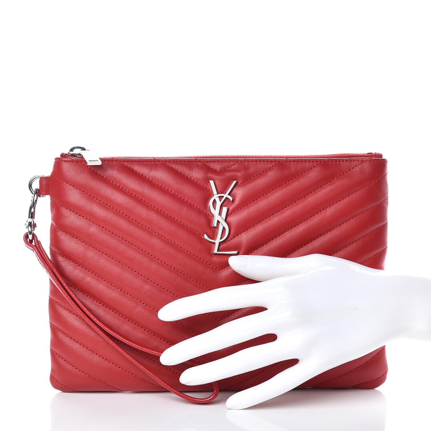 Saint Laurent Calfskin Matelasse Chevron Monogram A5 Wristlet Red 2 of 9