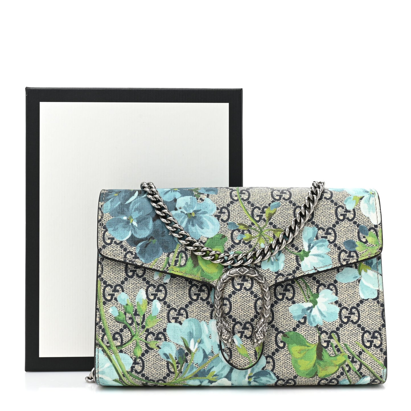 GG Supreme Monogram Blooms Mini Dionysus Chain Wallet Beige Blue Navy Vintage Blue