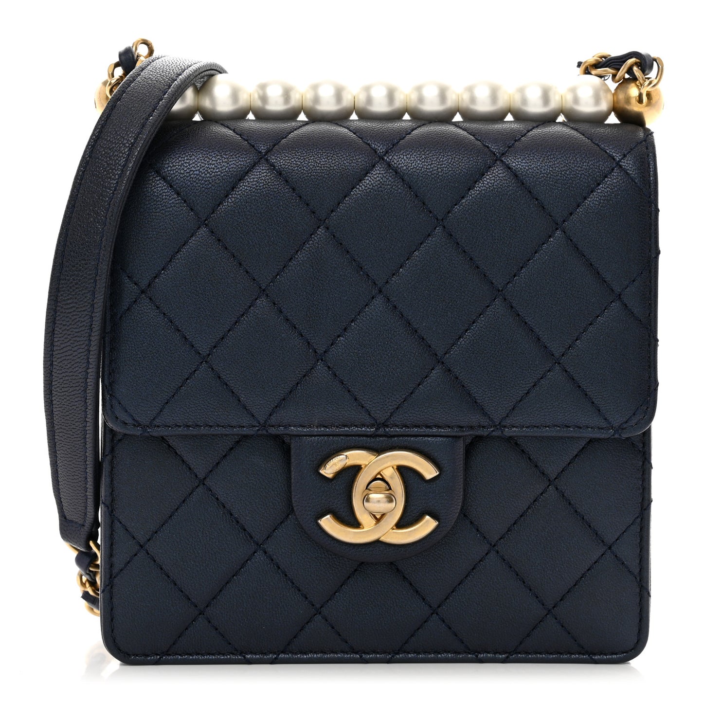 Iridescent Lambskin Quilted Chic Pearls Flap Navy Blue