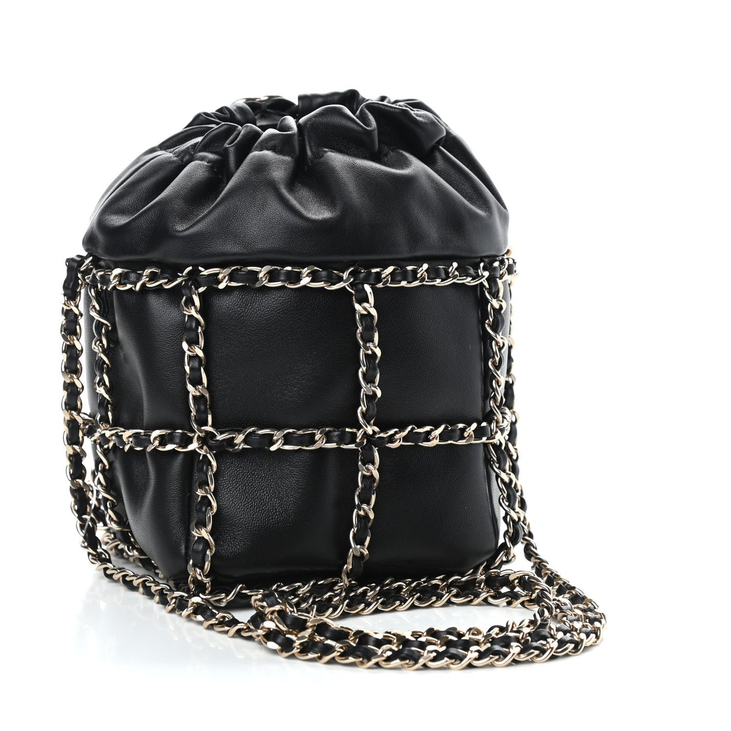 Lambskin Bucket Chain Drawstring Bag Black