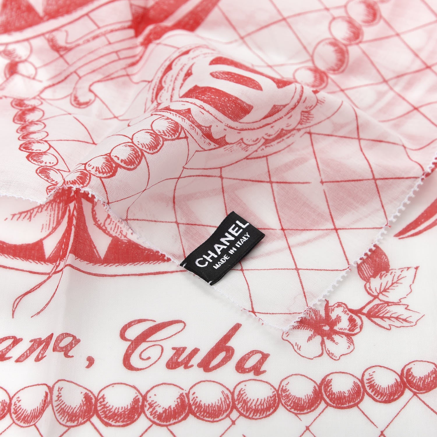 Chanel Cotton Havana Cuba Scarf White Red 4 of 4