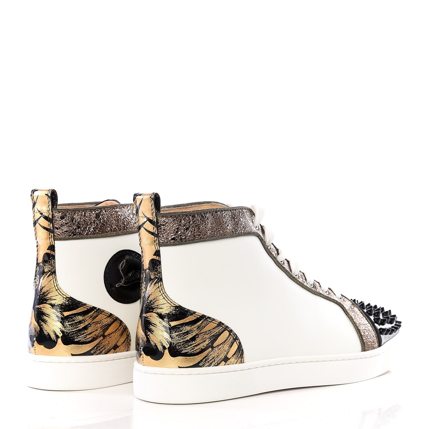 Christian Louboutin Calfskin Patent Lame Hibiscus Mens Louis Spikes High Top Sneaker 41.5 Black Gold White 4 of 10