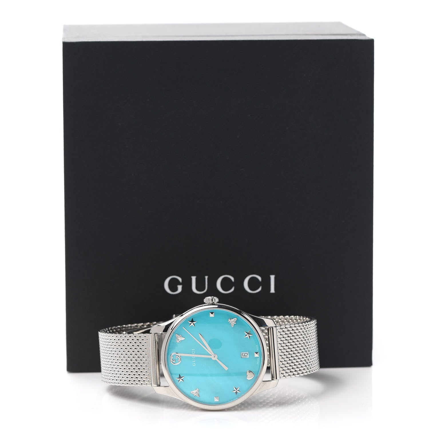 Gucci Stainless Steel Turquoise Mother of Pearl 38mm G-Timeless Charm Quartz Watch 6 of 6