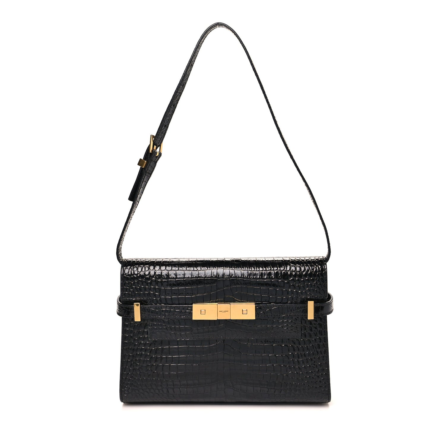 Shiny Calfskin Crocodile Embossed Small Manhattan Baguette Black