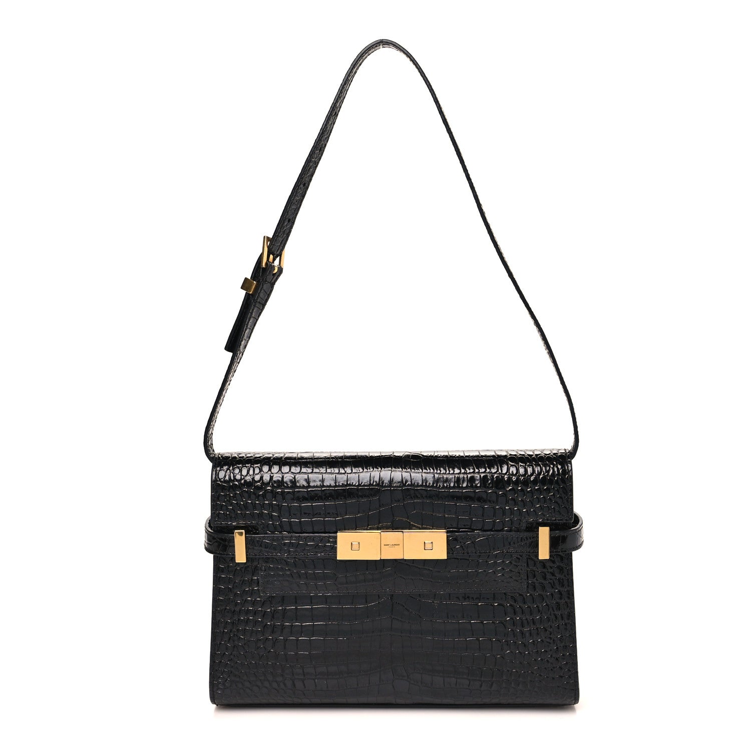 Saint Laurent Shiny Calfskin Crocodile Embossed Small Manhattan Baguette Black 1 of 9