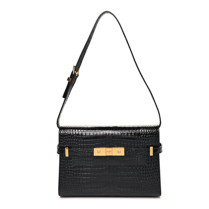 Saint Laurent Shiny Calfskin Crocodile Embossed Small Manhattan Baguette Black 1 of 9