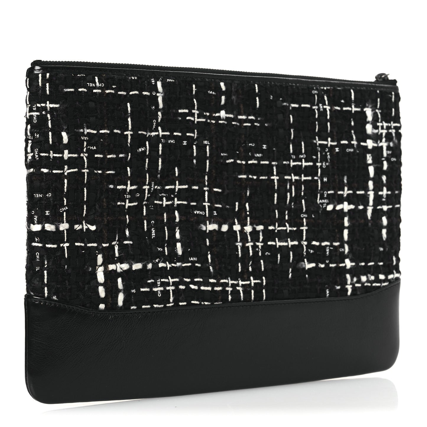 Tweed Calfskin Quilted Medium Cosmetic Pouch Black White