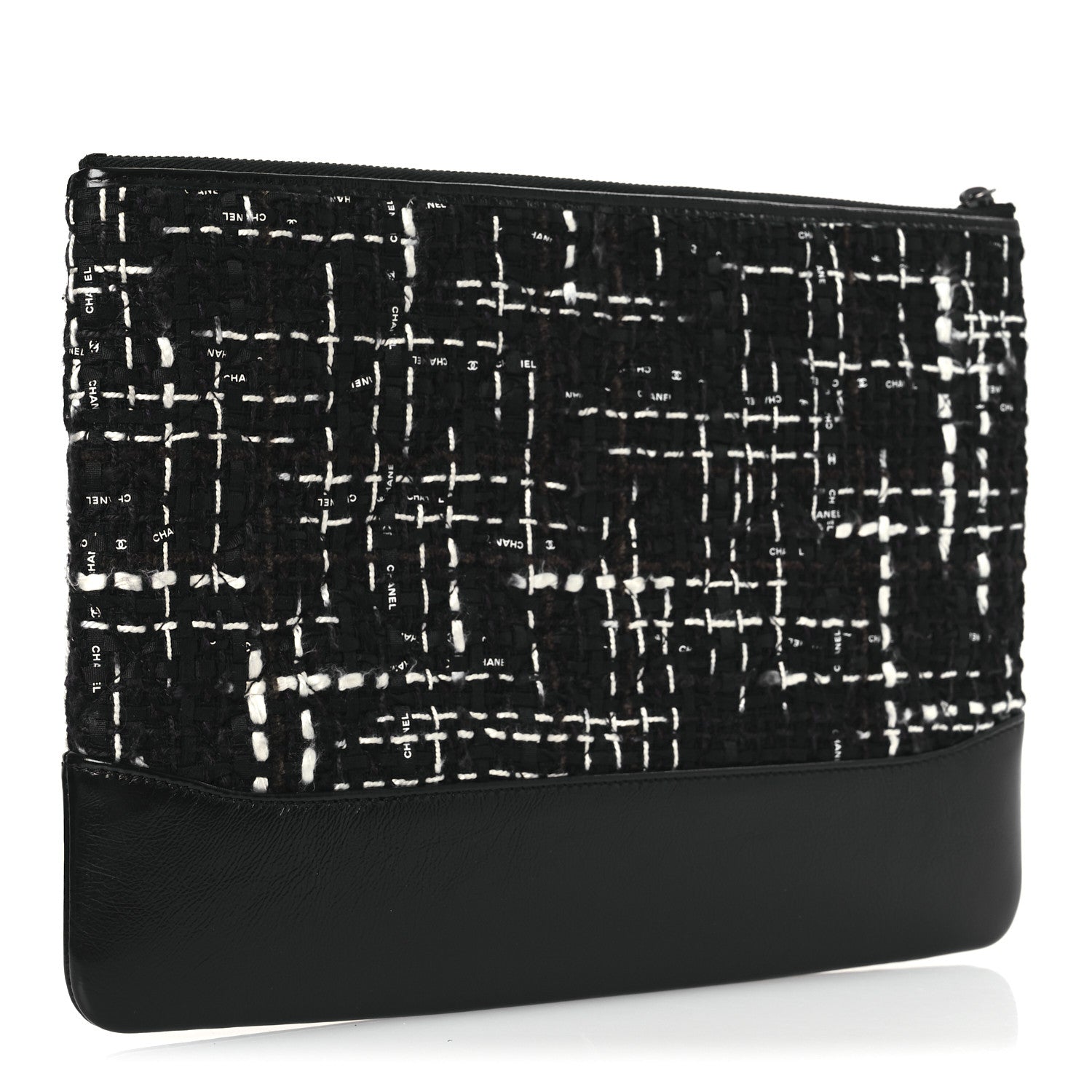 Chanel Tweed Calfskin Quilted Medium Cosmetic Pouch Black White 3 of 11