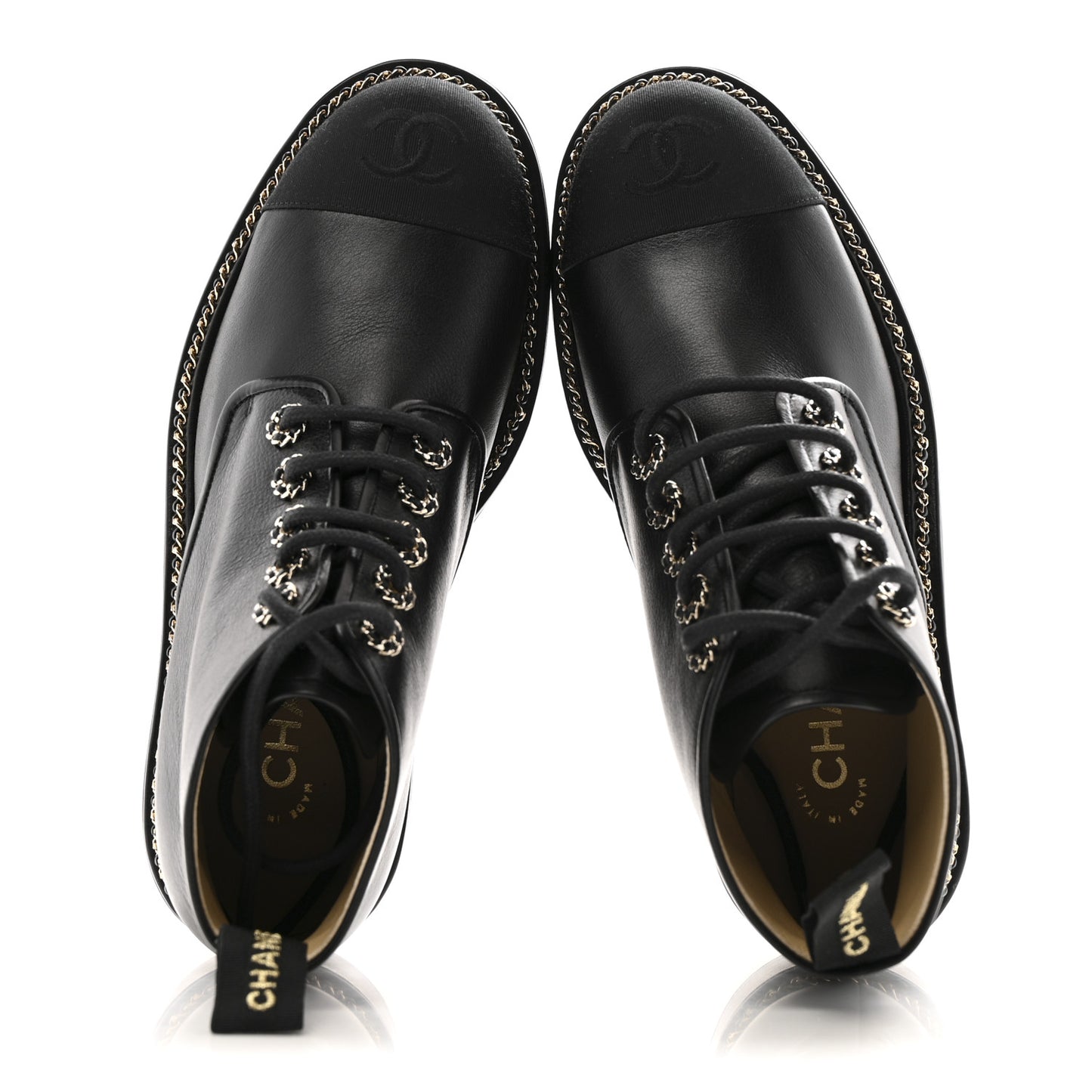 Calfskin Grosgrain Chain Lace Up CC Short Boots 37.5 Black