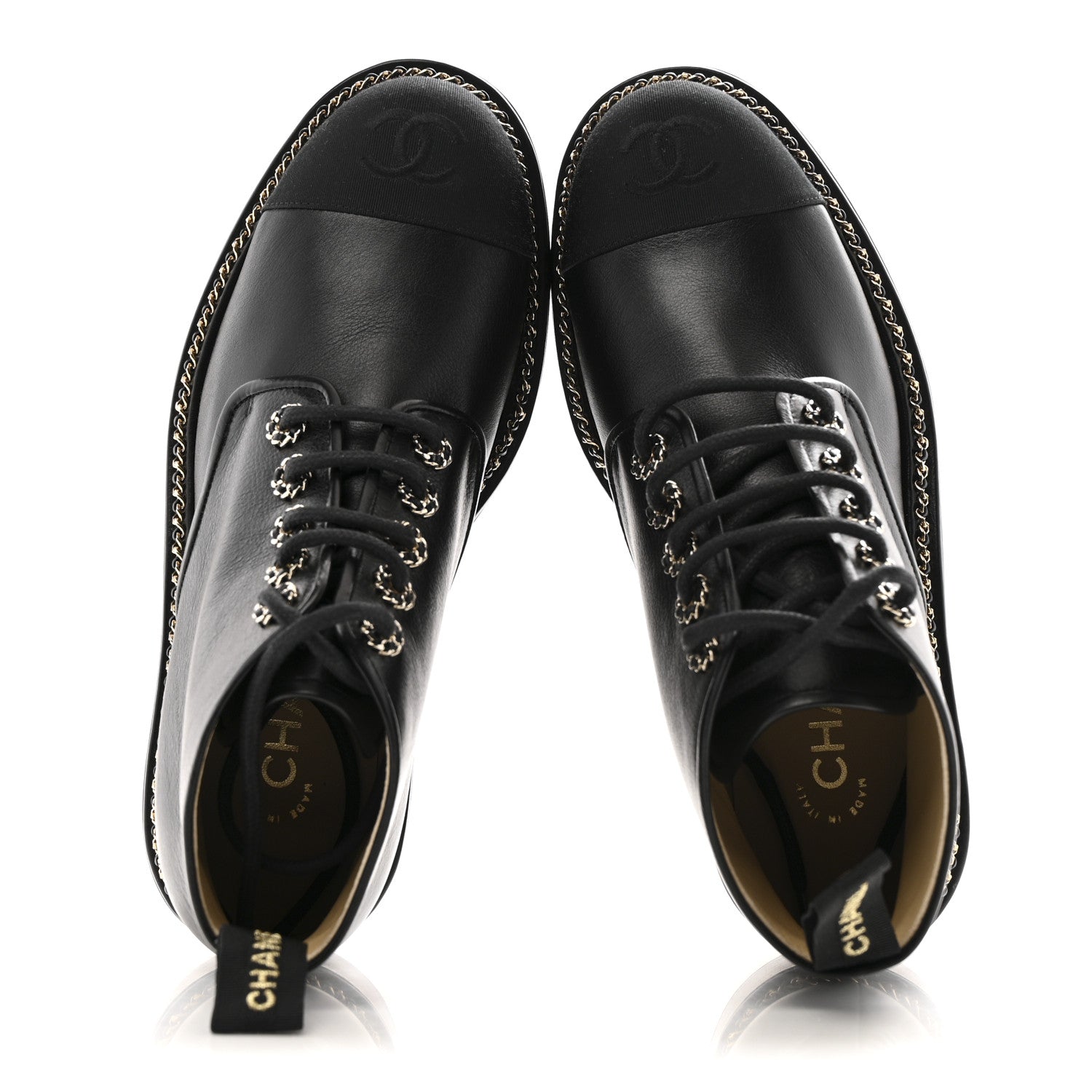 Chanel Calfskin Grosgrain Chain Lace Up CC Short Boots 37.5 Black 2 of 11