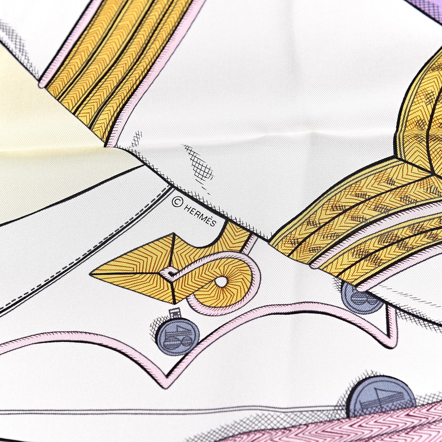 Hermes Silk Zouaves Et Dragons Scarf 90 Jaune Pale Mauve Rose 3 of 4