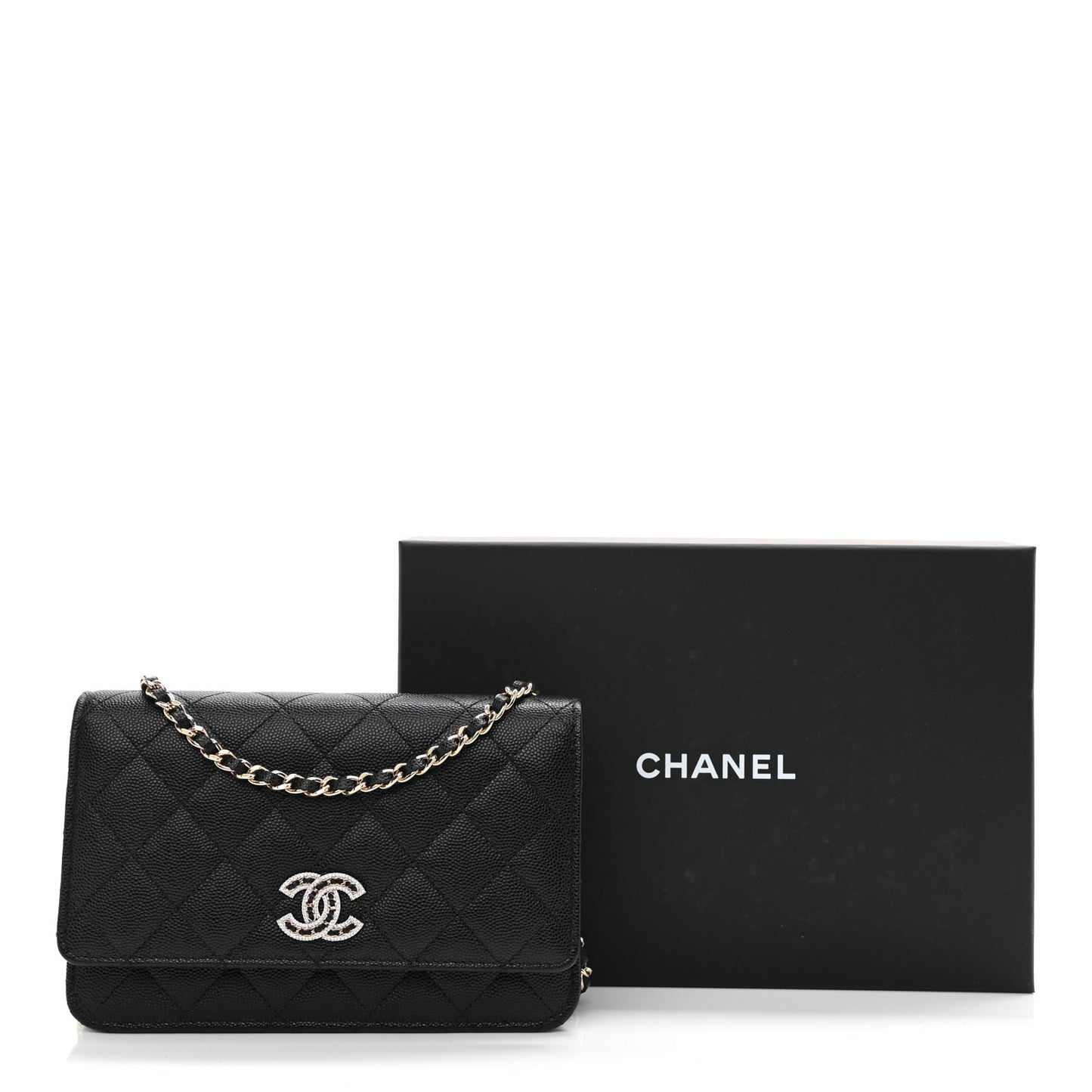 Caviar Quilted Crystal CC Wallet On Chain WOC Black