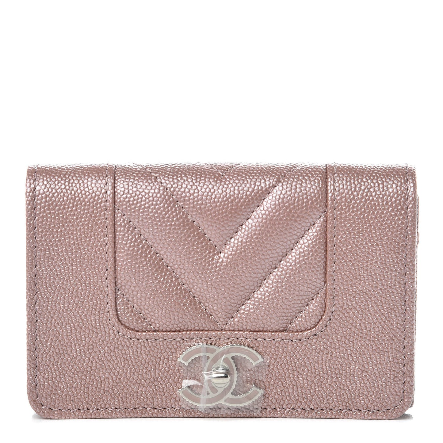 Metallic Caviar Chevron Quilted Vintage Mademoiselle Card Holder Pink