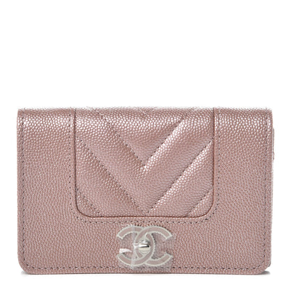 Chanel Metallic Caviar Chevron Quilted Vintage Mademoiselle Card Holder Pink 1 of 9