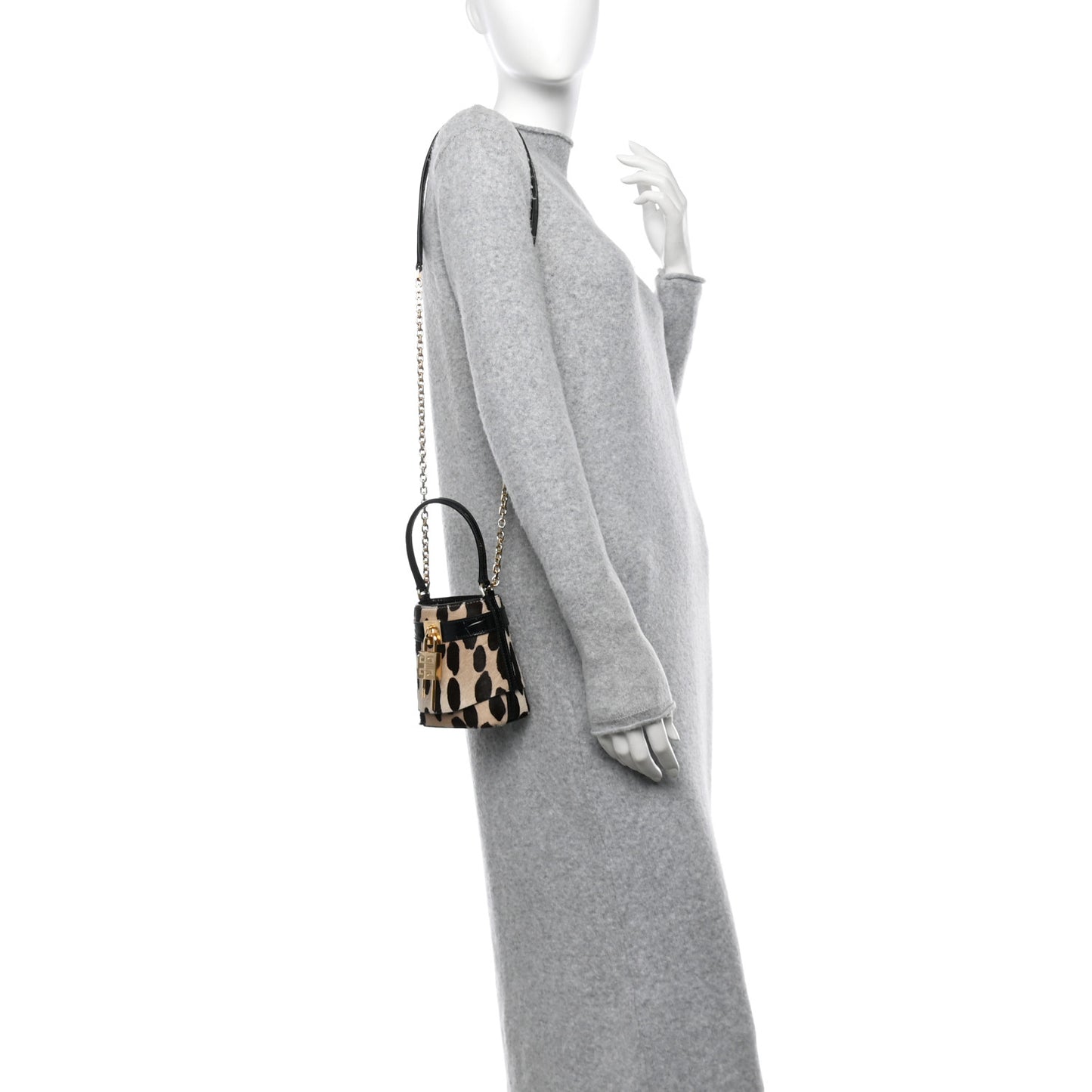 Pony Calfskin Micro Leopard Print Shark Lock Bucket Bag Black Beige