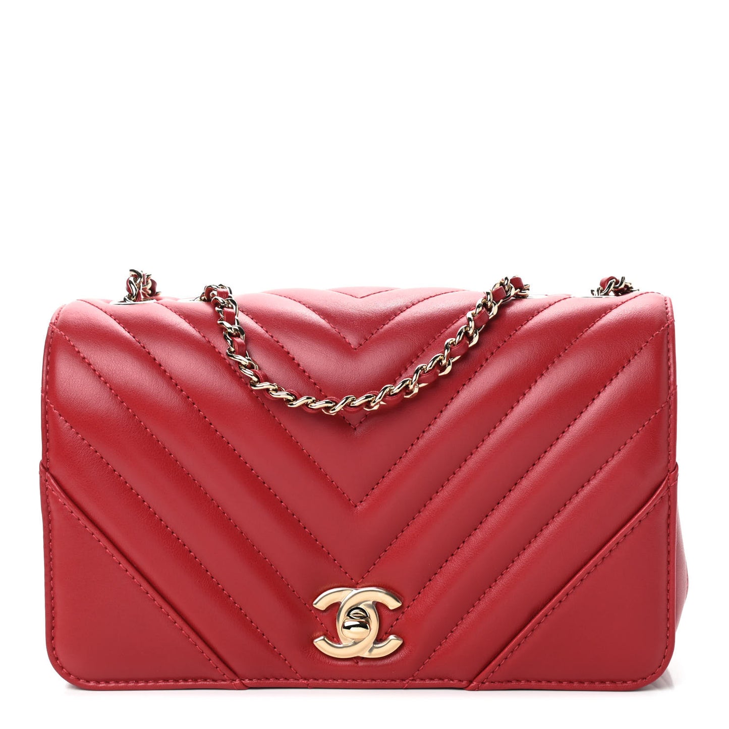 Calfskin Chevron Quilted Mini Statement Flap Red