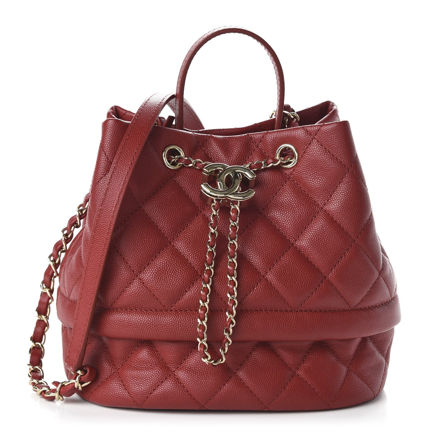 Caviar Quilted Rolled Up Bucket Drawstring Bag Red