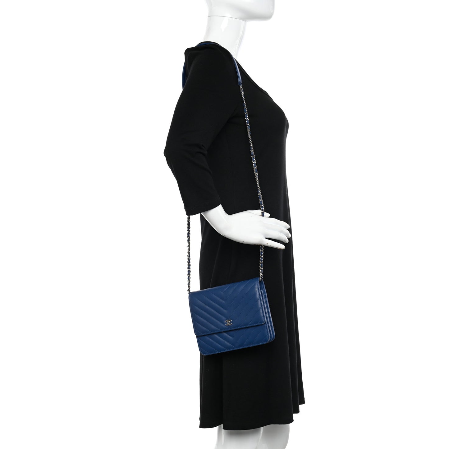 Lambskin Chevron Quilted Square Wallet On Chain WOC Blue