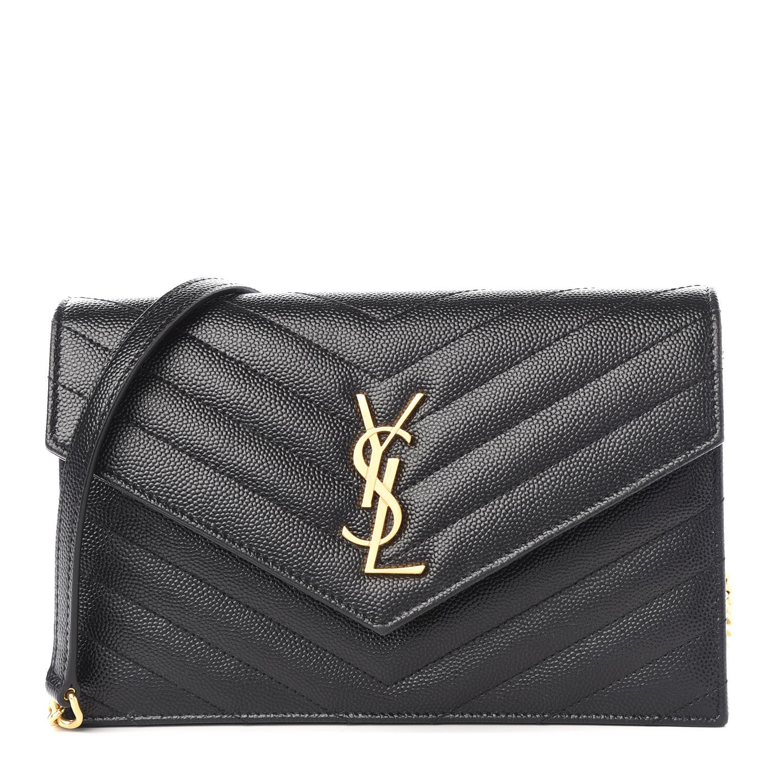 Saint Laurent Grain De Poudre Matelasse Chevron Monogram Envelope Chain Wallet Black 1 of 9