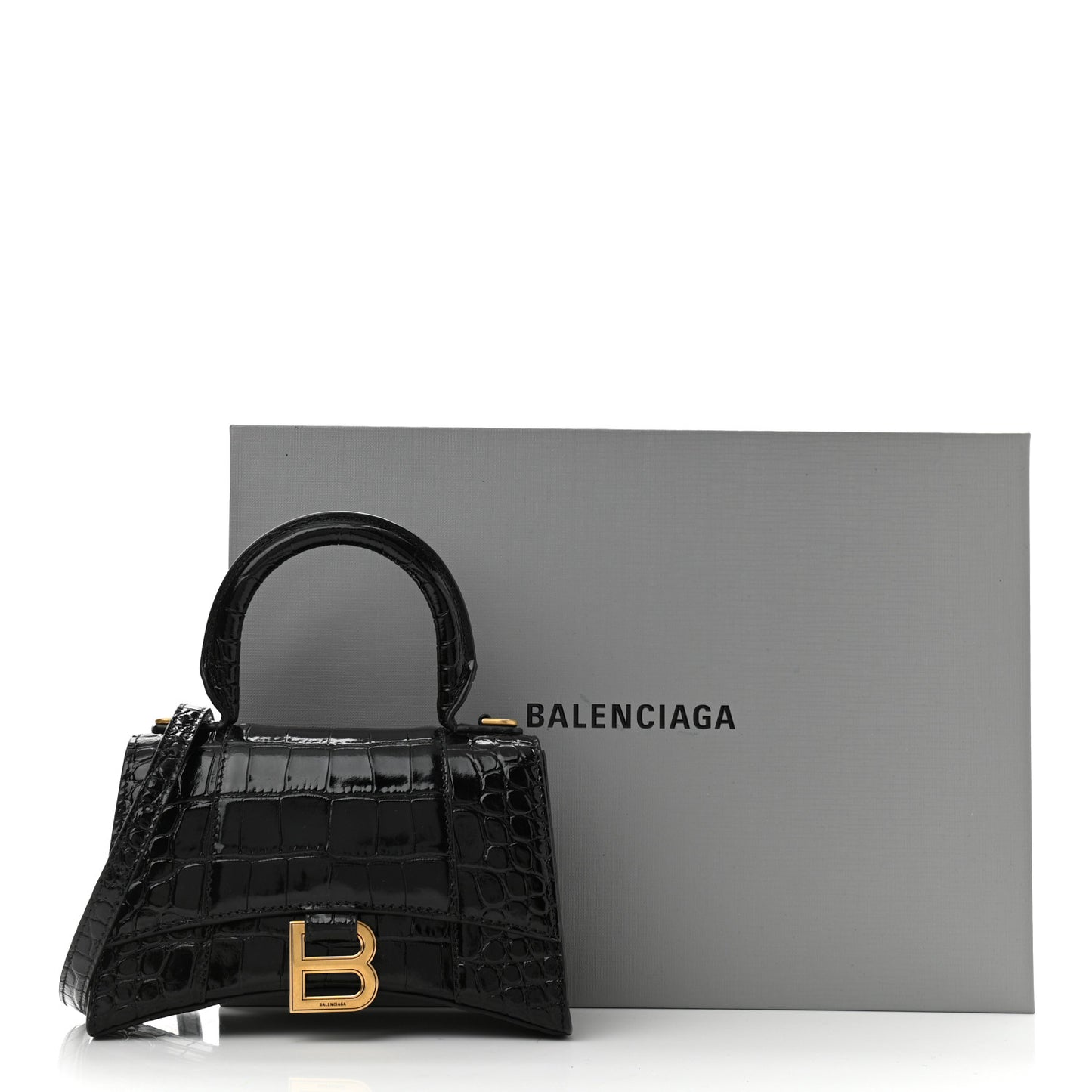 Shiny Calfskin Crocodile Embossed Hourglass Top Handle Bag XS Black