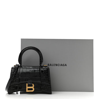 Balenciaga Shiny Calfskin Crocodile Embossed Hourglass Top Handle Bag XS Black 10 of 10
