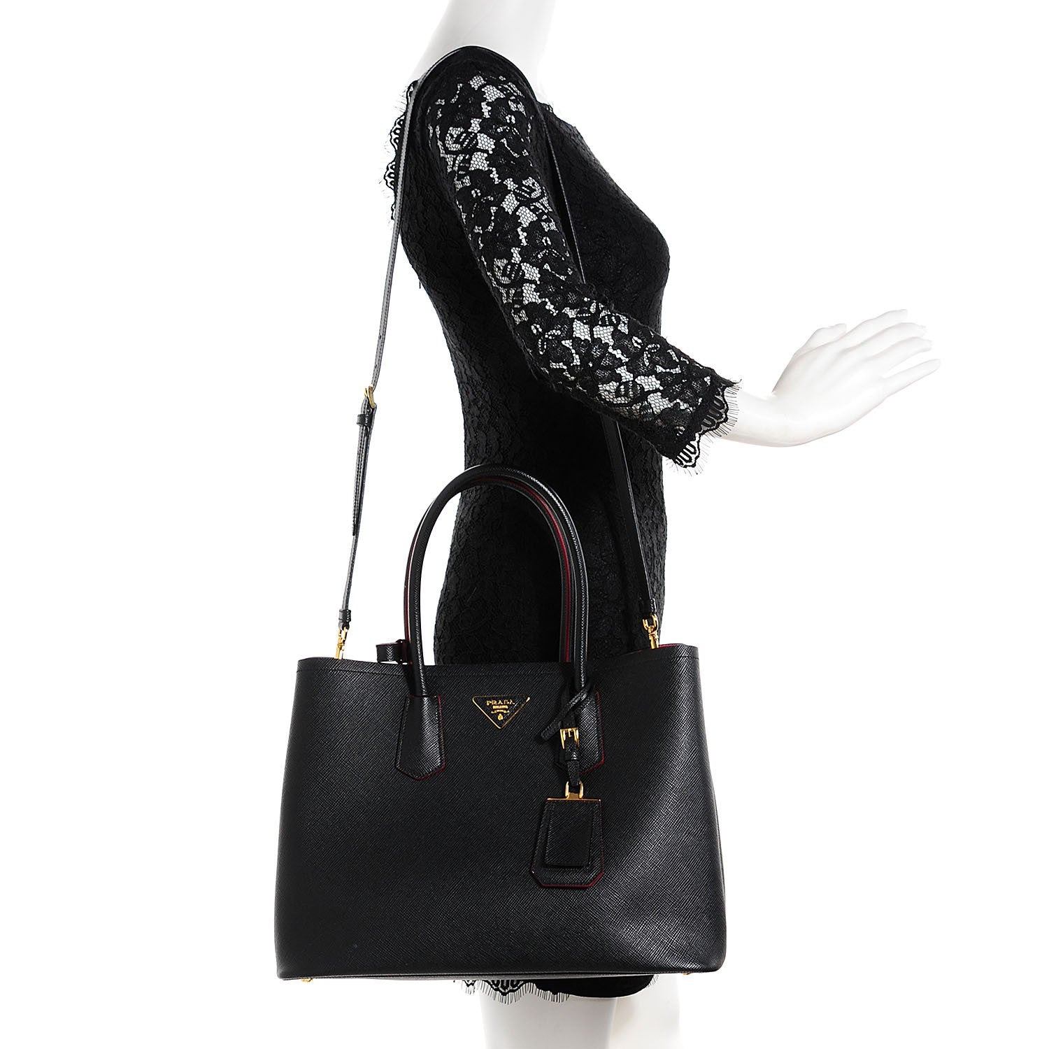 Prada Saffiano Cuir Large Double Bag Nero Black Ciliegia 2 of 10